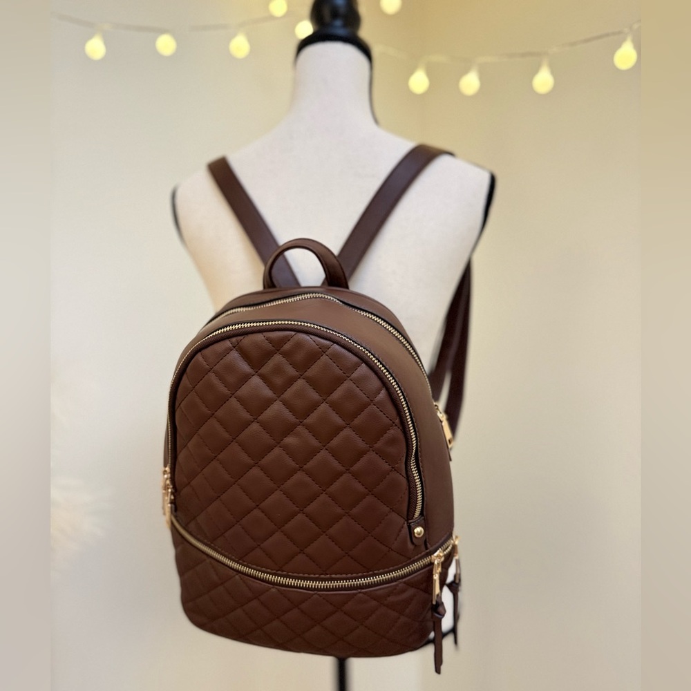🌾 Faux Leather Brown Quilted Backpack NEW